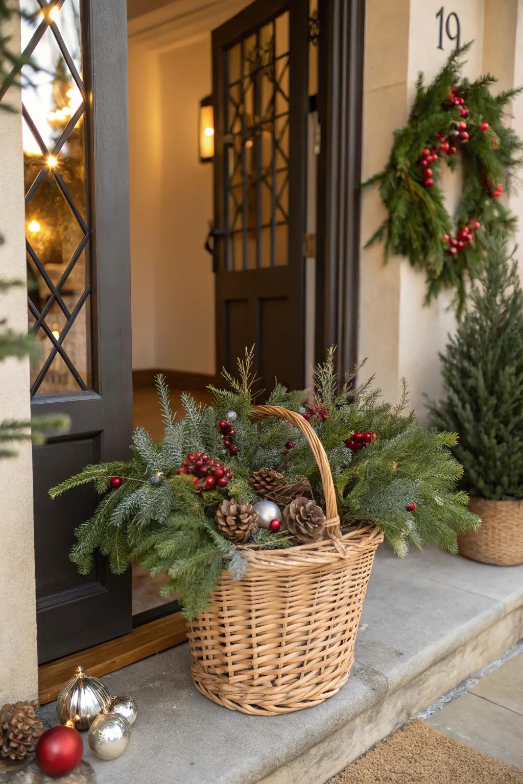 A woven basket container emanates countryside appeal and comfort.