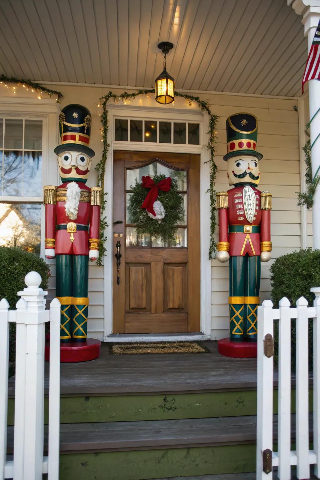 Soldier figurines introduce a playful element to the porch entrance.