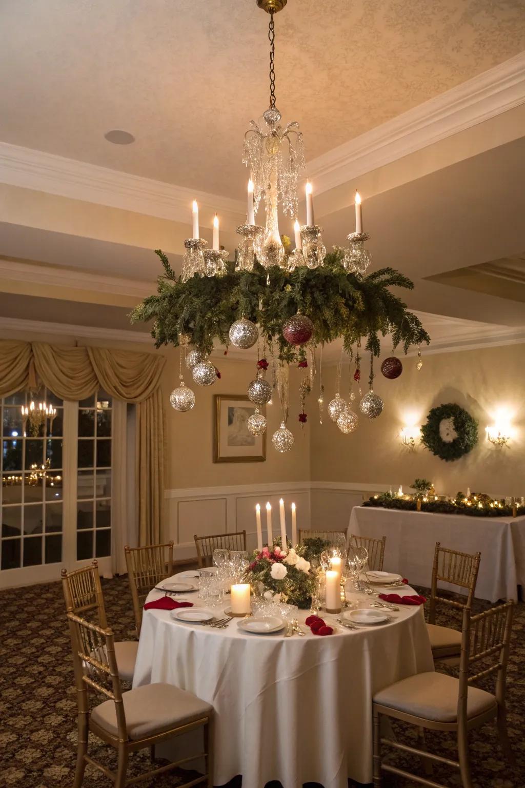 An ornament chandelier infuses a festive ambiance from above.