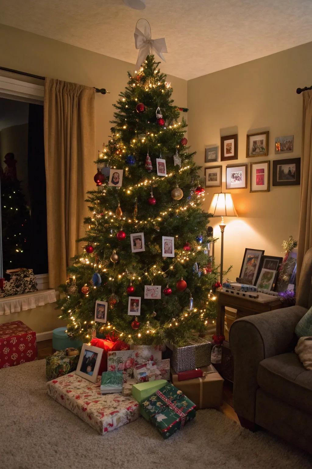 A customized Christmas tree adorned with mementos and string lights, rendering it a heartwarming holiday centerpiece.