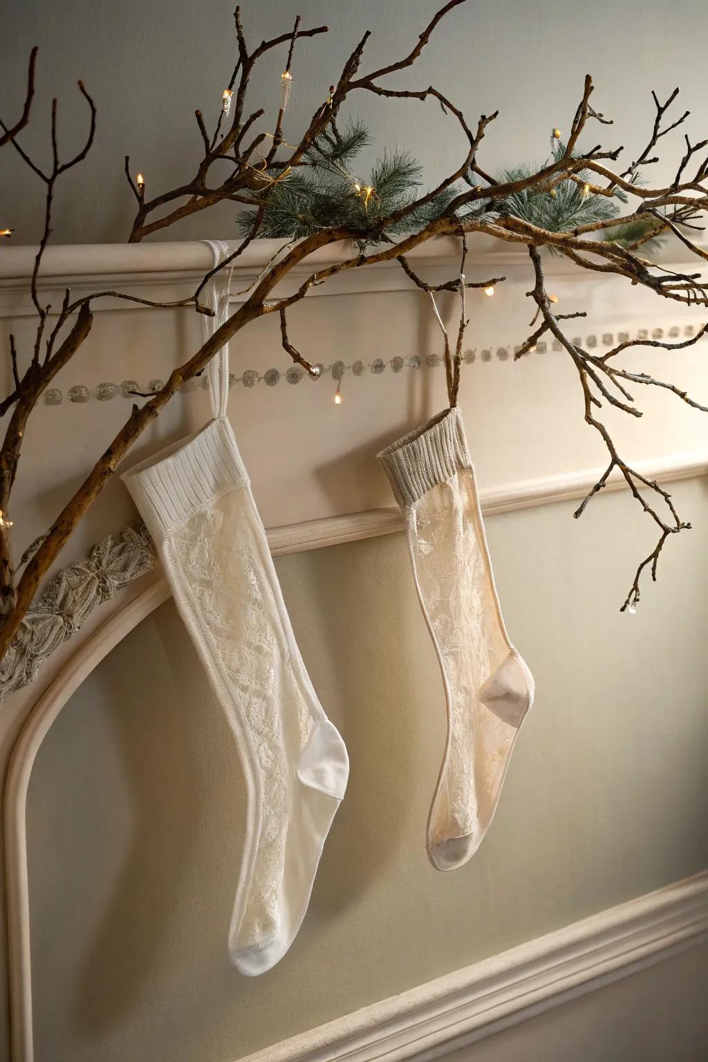 An inventive display of hosiery imparts charm to the wall.