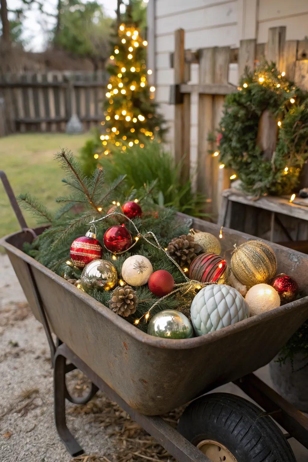 A nostalgic display of classic baubles in a builder's cart.