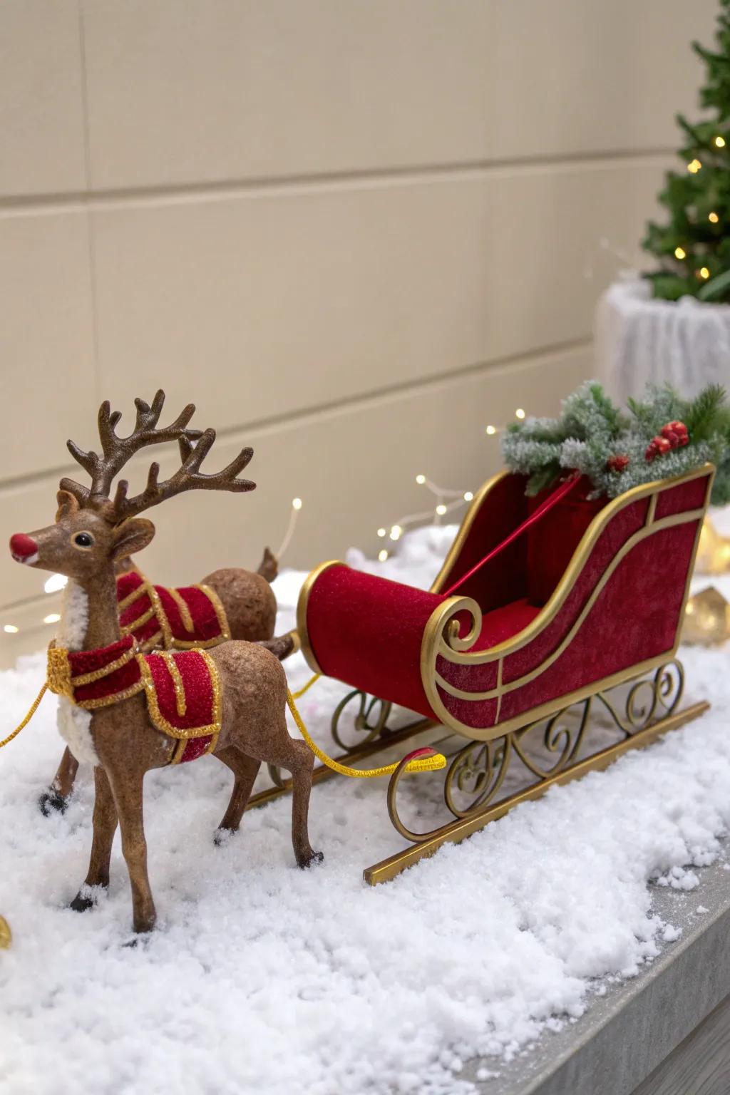 A playful Santa's transportation display featuring reindeer and snow.