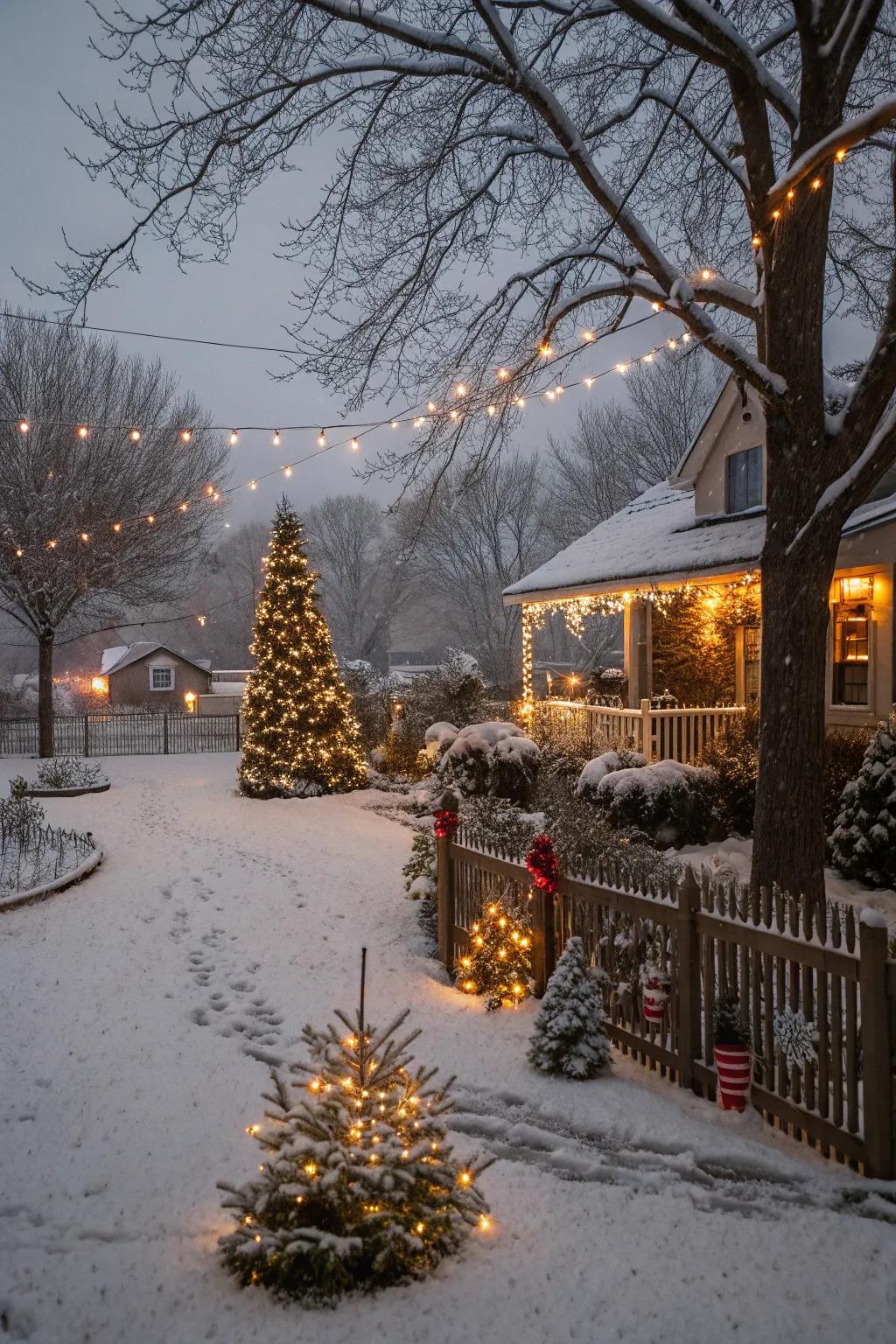 A yard enhanced with imitation snow and festive lights.