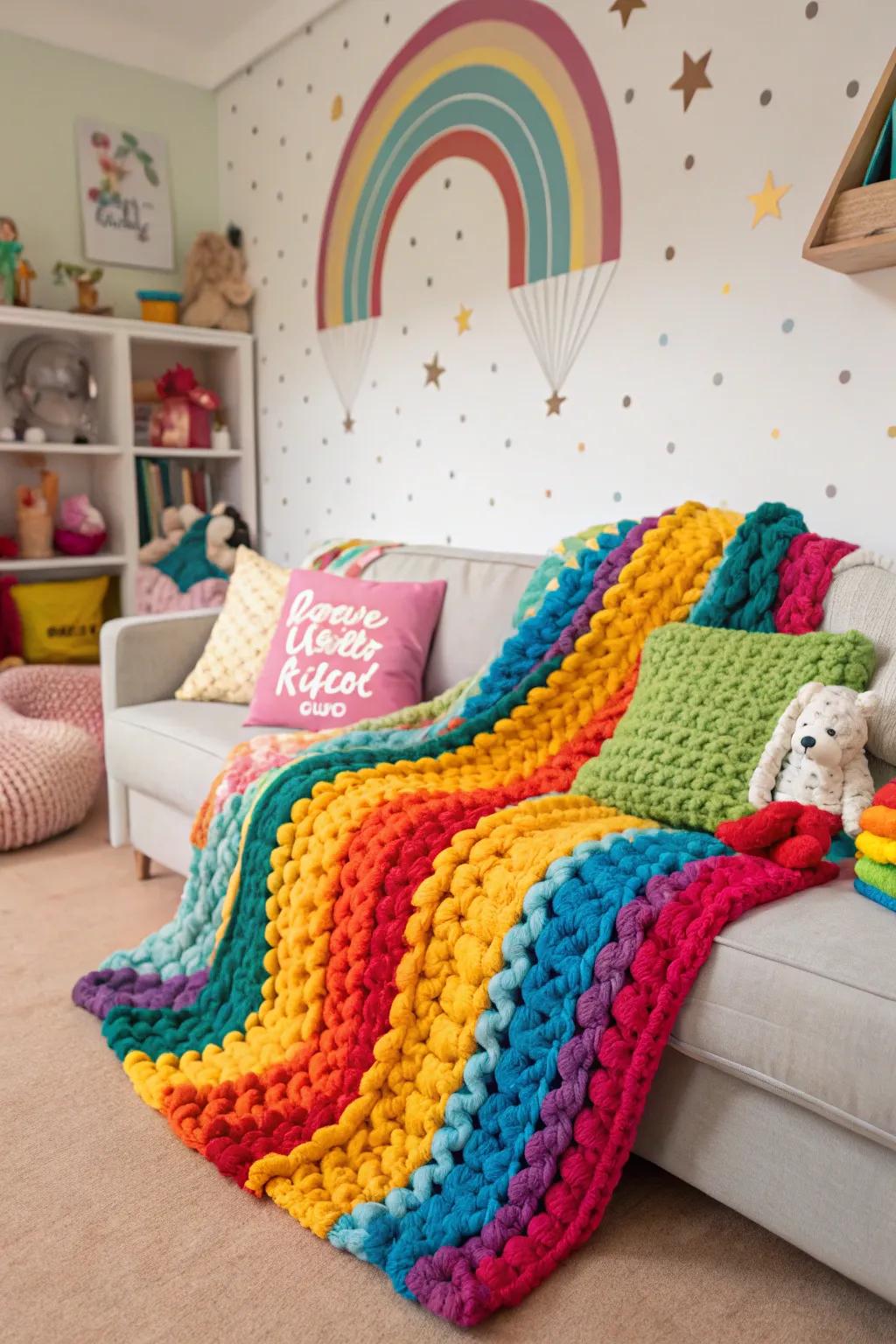 Multi-colored throws contribute a playful touch.