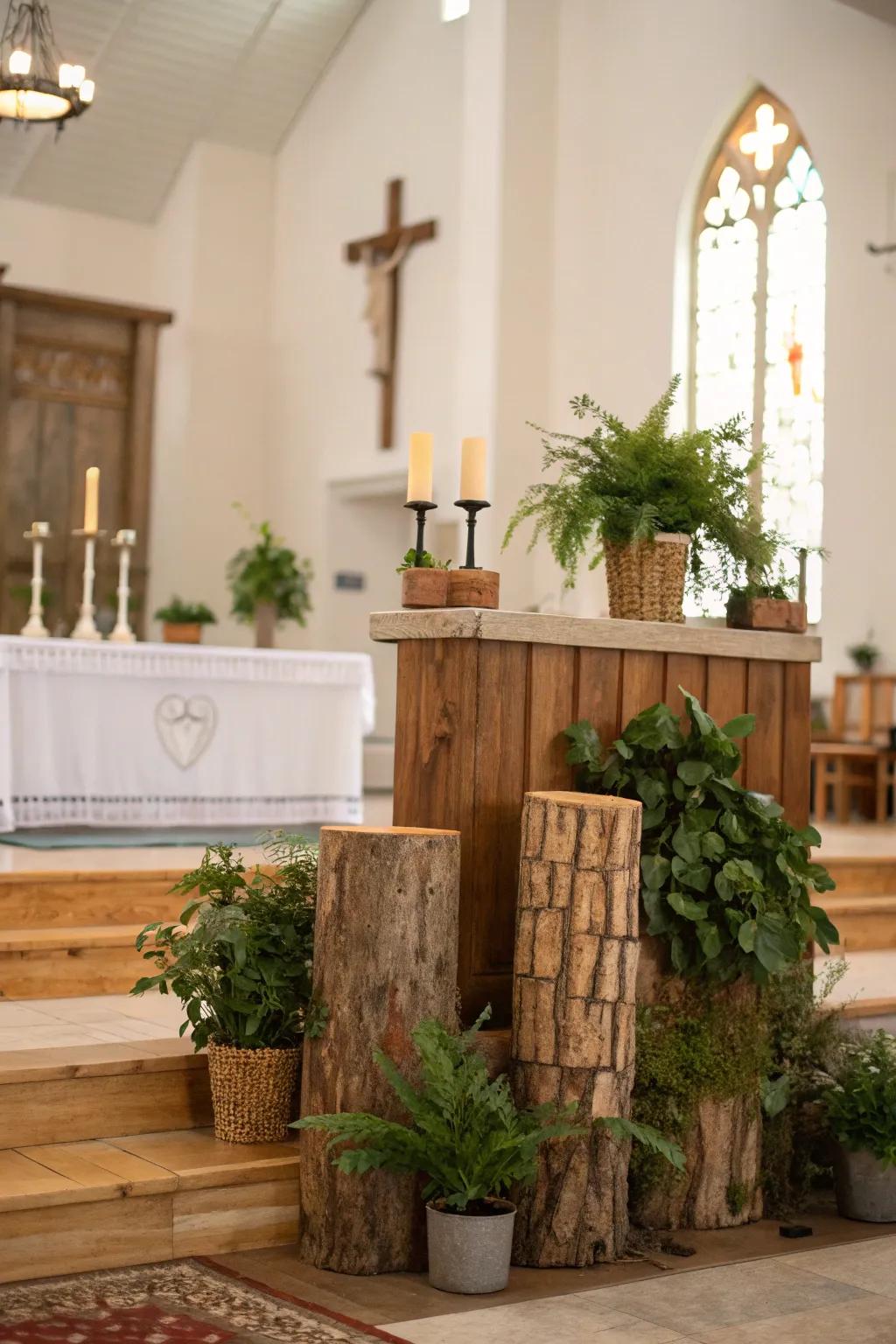 An altar presenting ecological elements such as repurposed wood and potted vegetation.