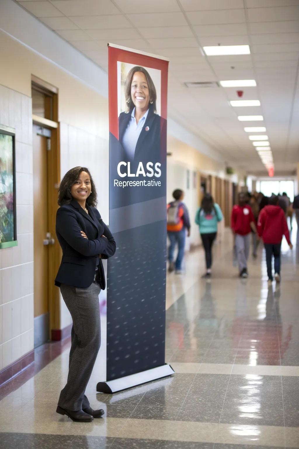 A confident stance conveys leadership on a class representative poster.