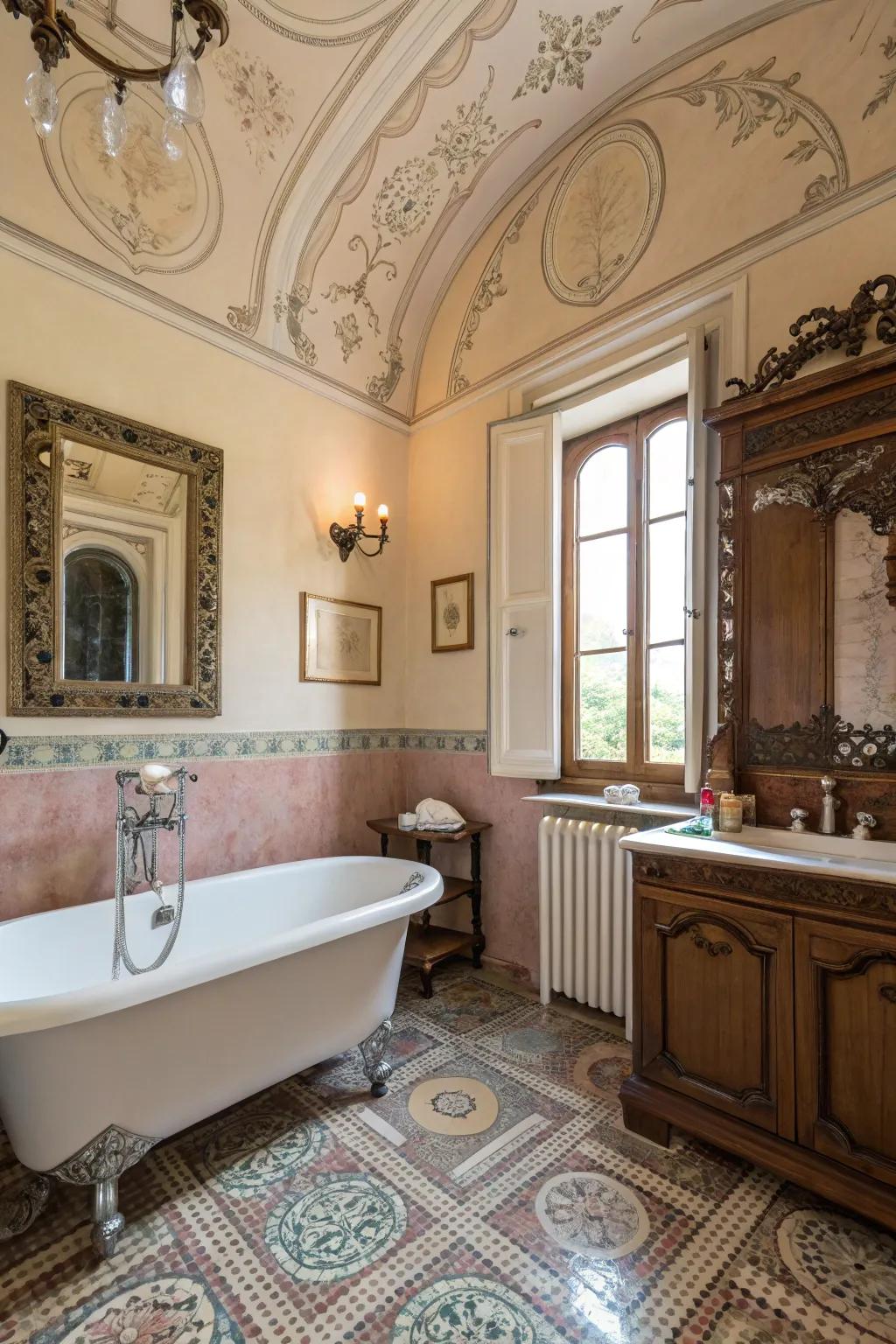 Historical design features add personality to the bathroom.
