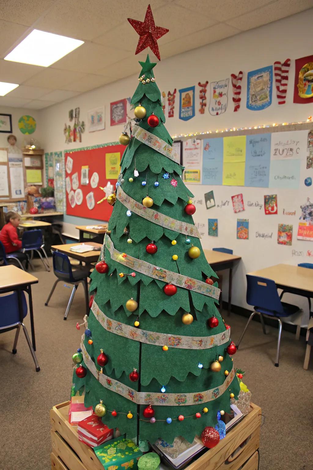 An imaginative art stick Christmas tree in a classroom