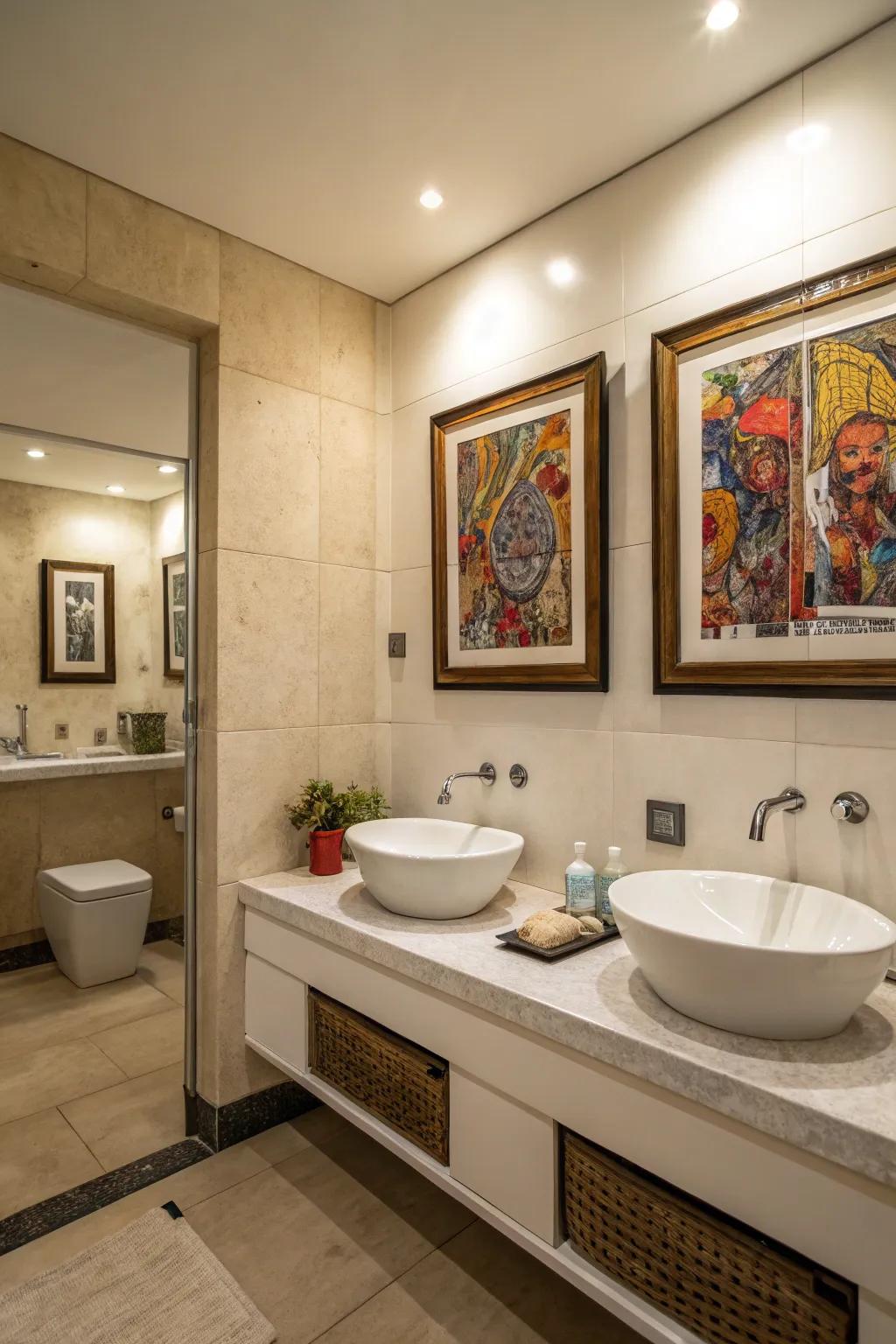 A bathroom where wall art acts as a stunning center piece, improving the room’s design.