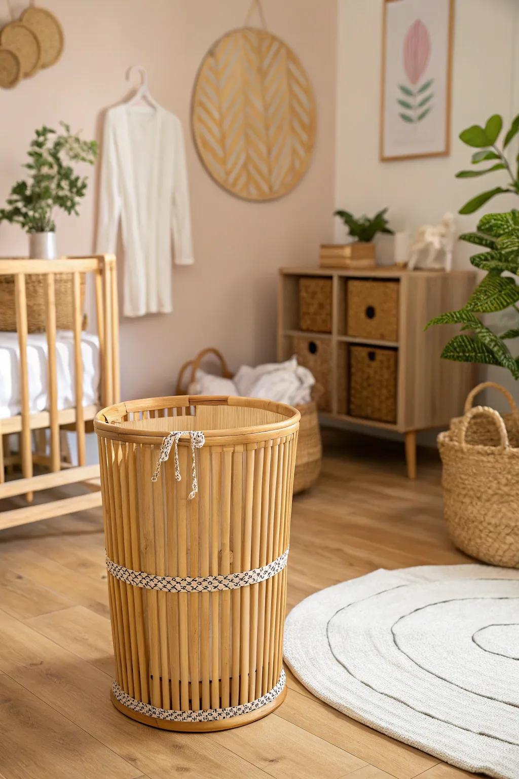 A bamboo bin introduces a sustainable and antibacterial choice for fabric nappy storage.
