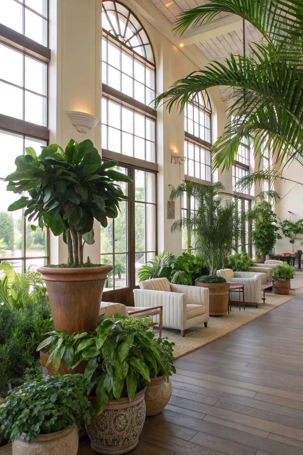 Verdant areas with indoor plants revitalizing a clubhouse.