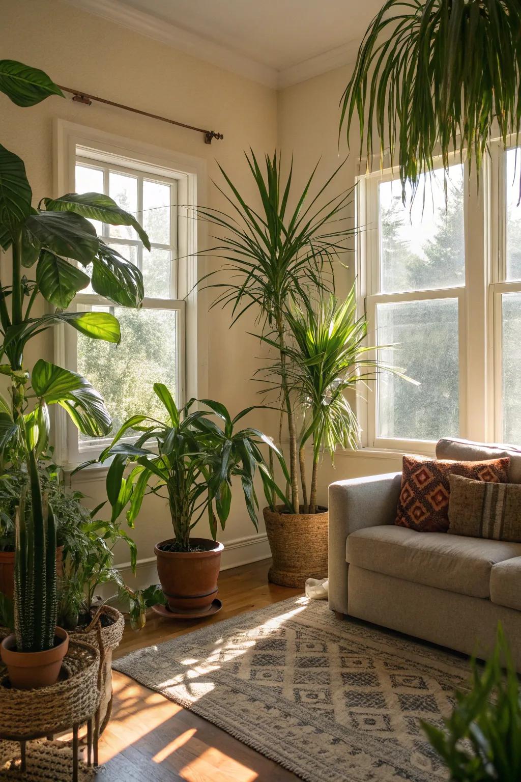Indoor plants introduce a lush, tropical element.