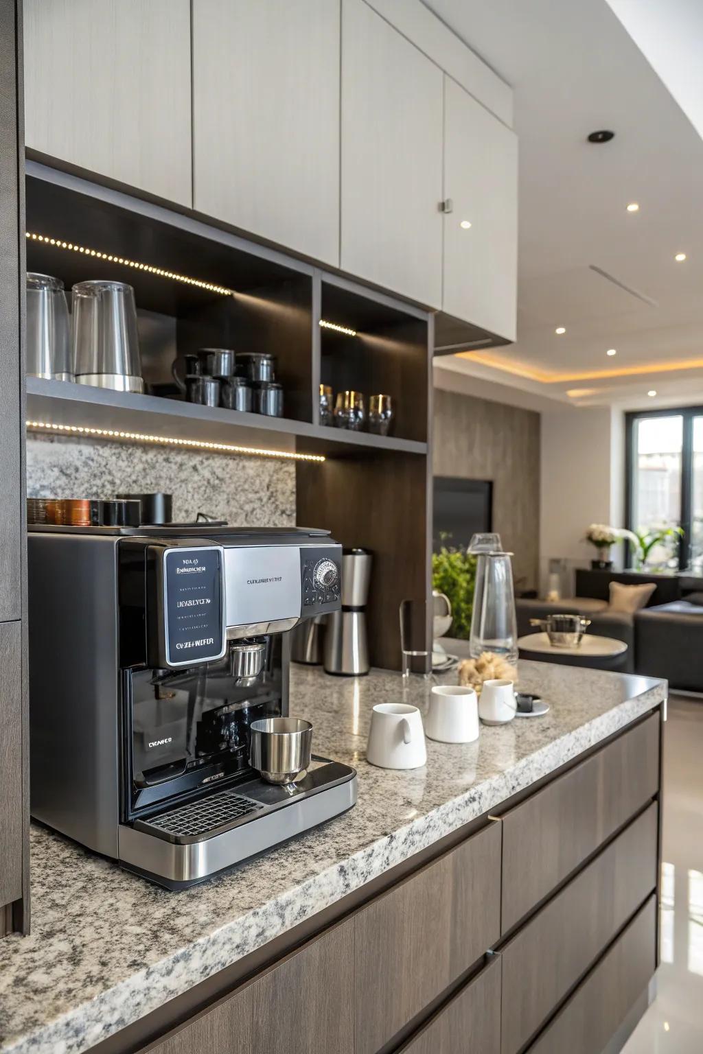 A modern coffee station featuring a perfectly integrated coffee machine.