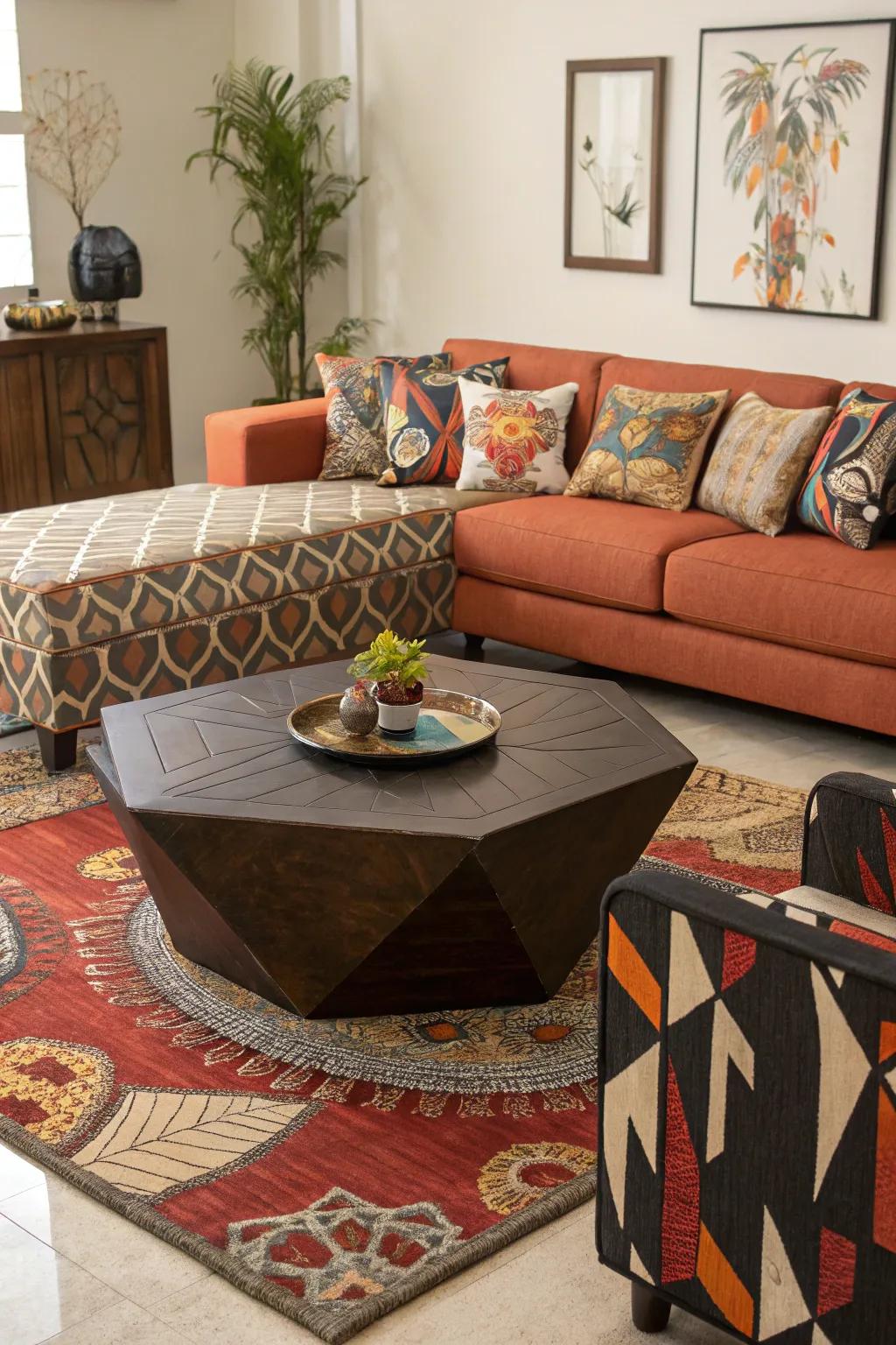 A uniquely shaped center table turns into the focal point of a creative living space.