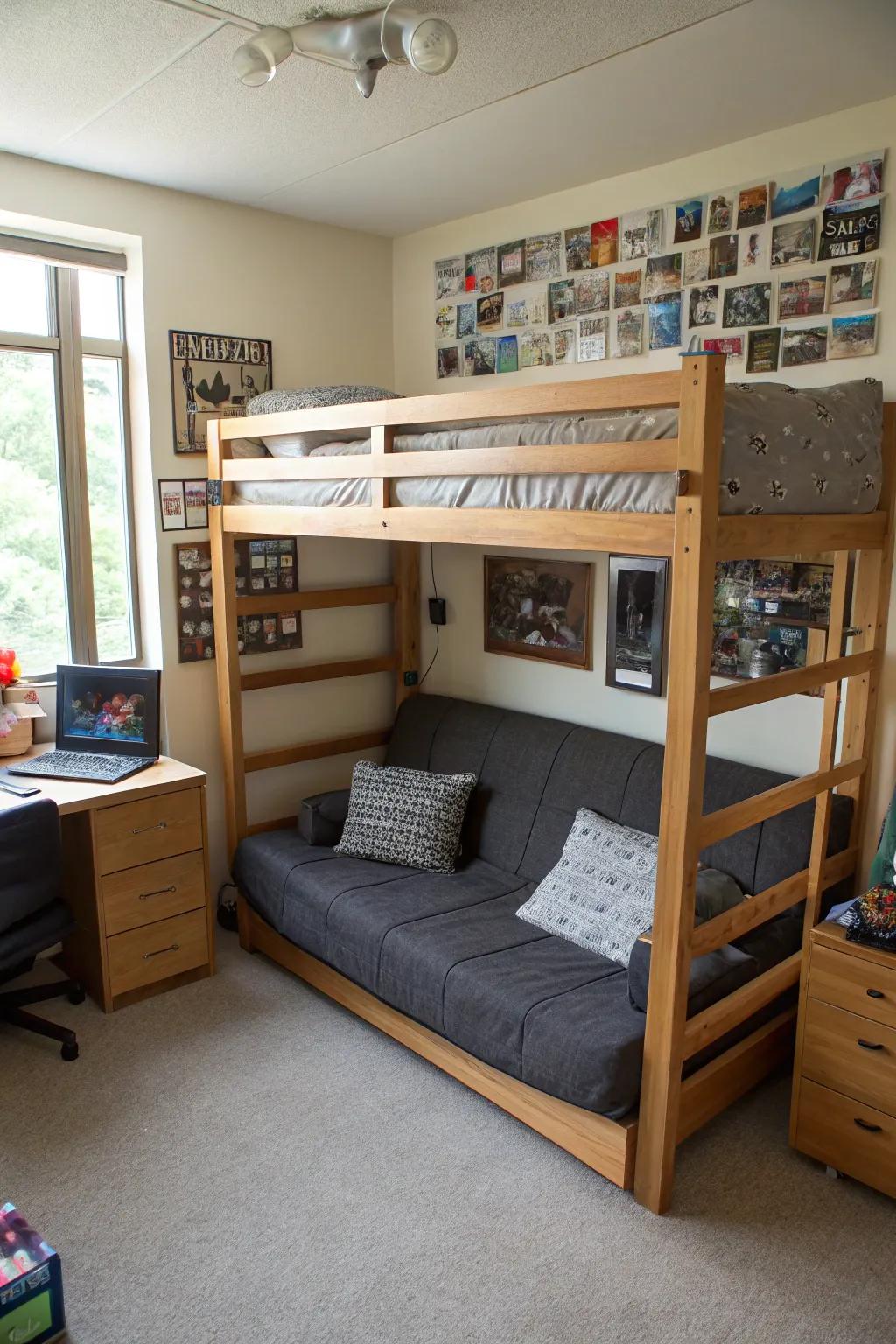 A bed sofa under the raised bed adds both seating and sleeping space.