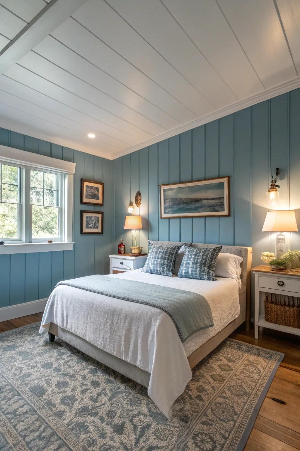 Consistent pigment from floor to ceiling enhances the spacious feel of this bedroom.