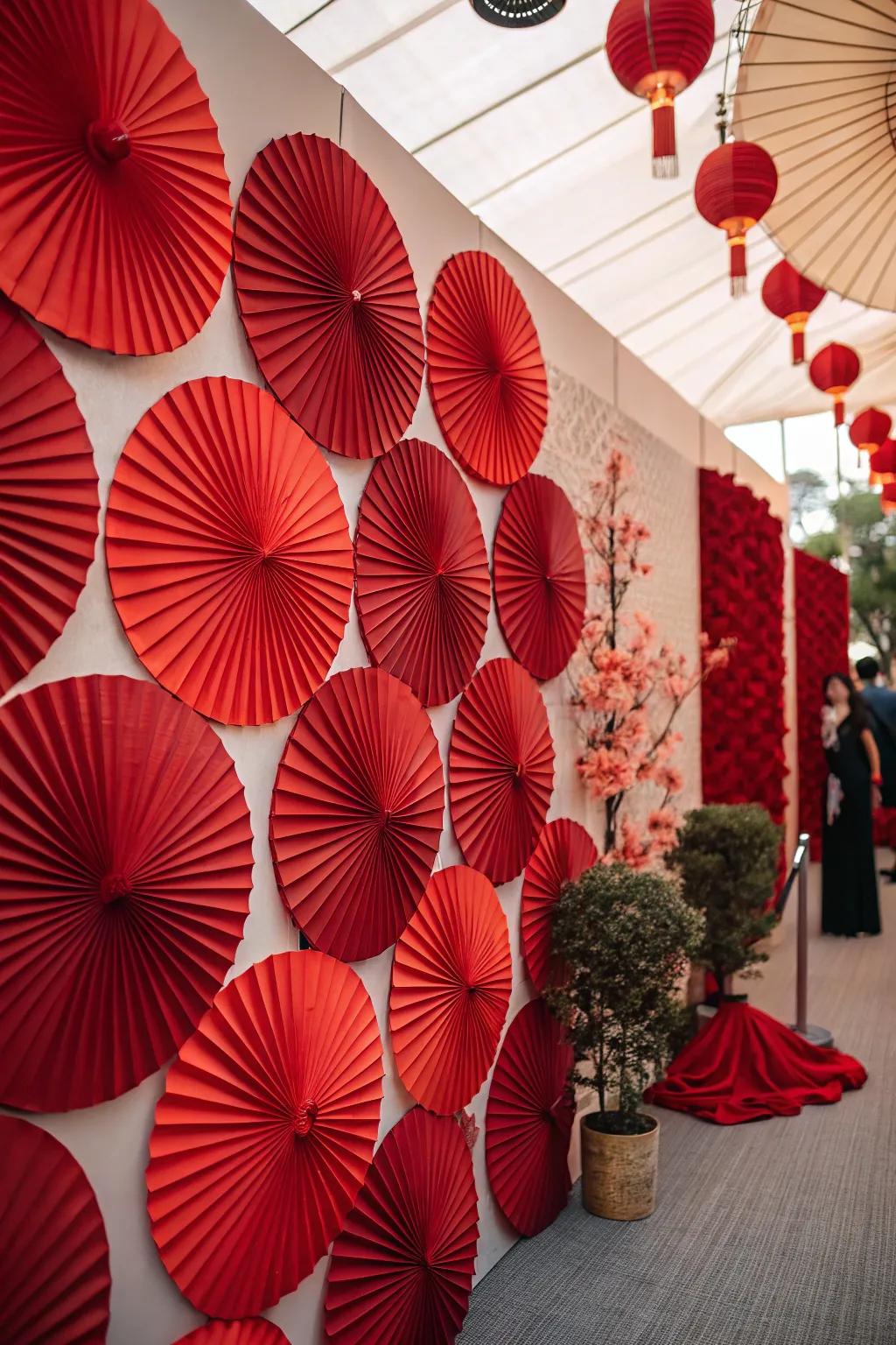 A creative red rosette backdrop for memorable photos.