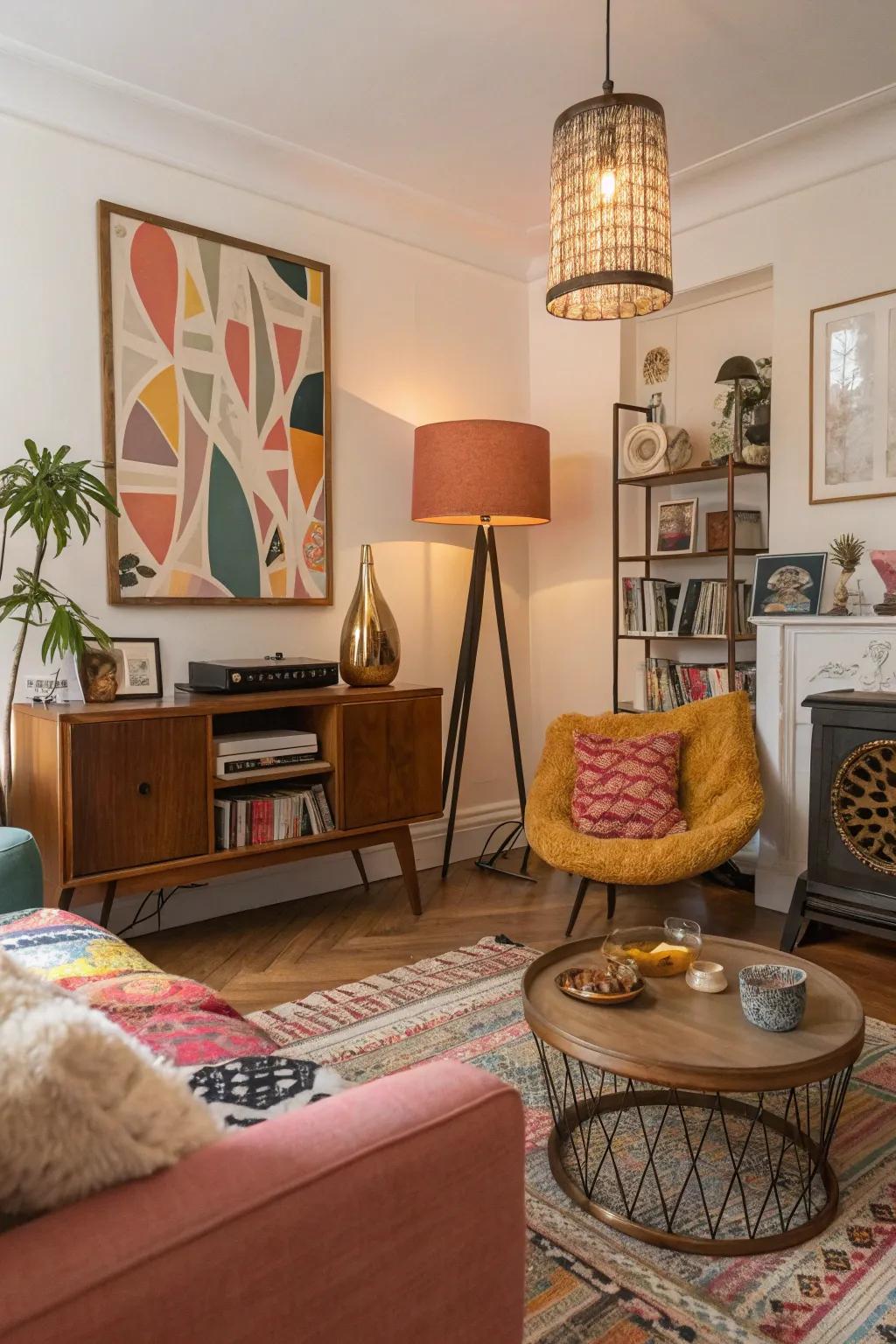 Quirky accessories generate an eclectic and personal style in this living area.
