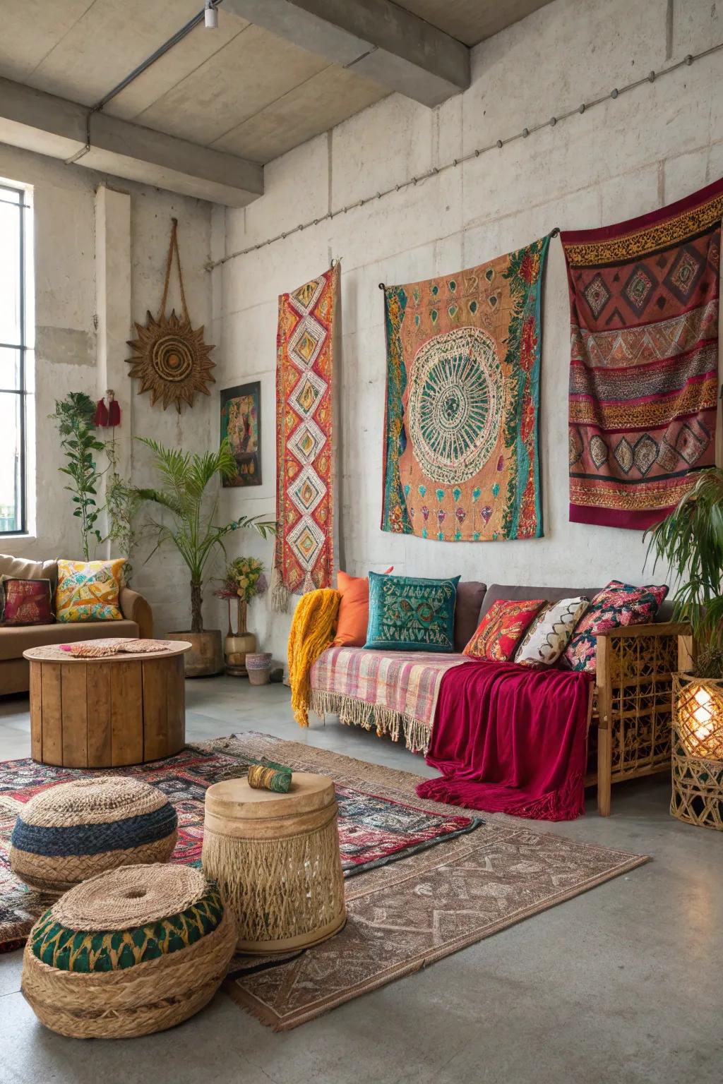 Concrete floors beautifully complement the vibrant, eclectic bohemian style.