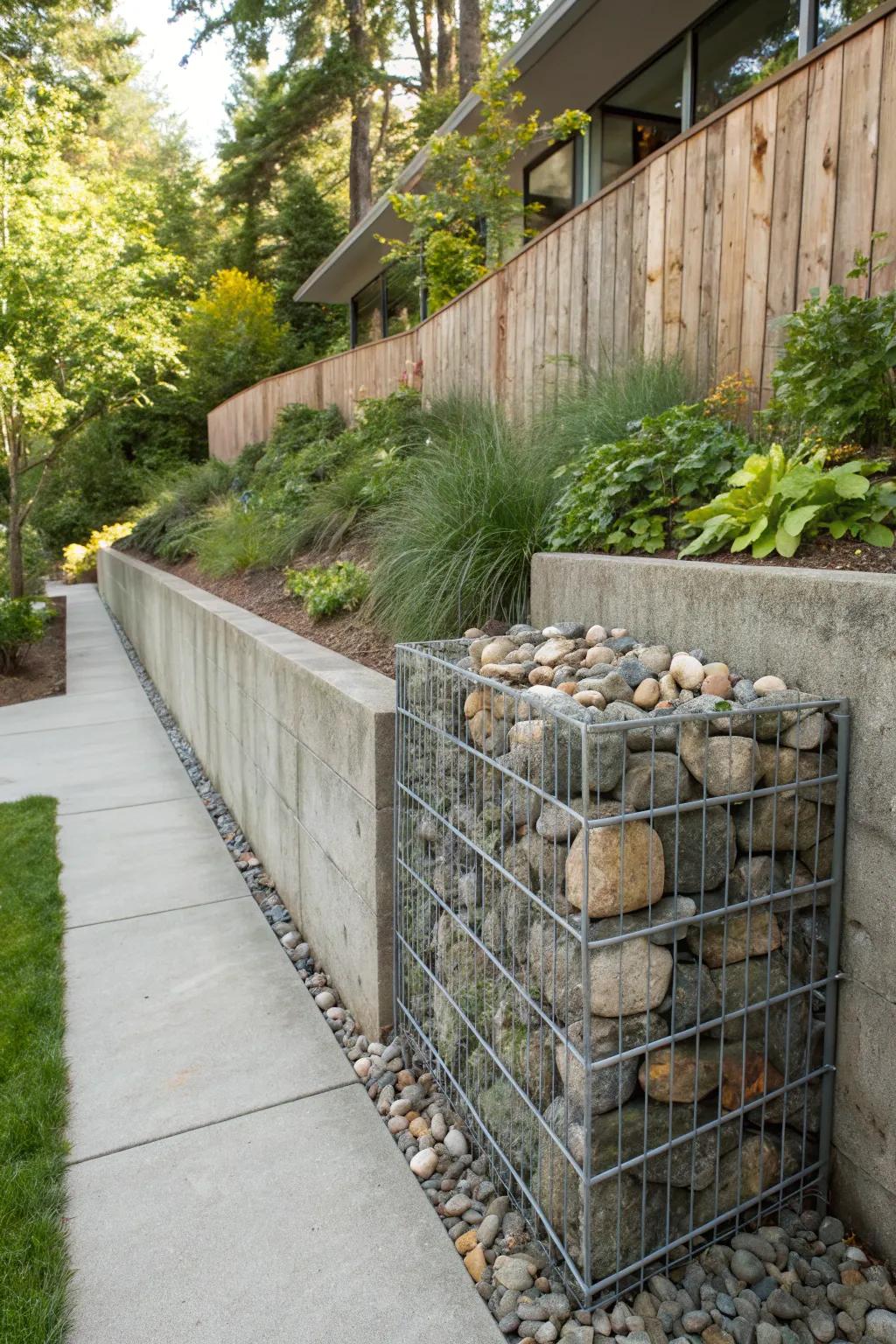 Gabion structures provide a contemporary industrial touch.