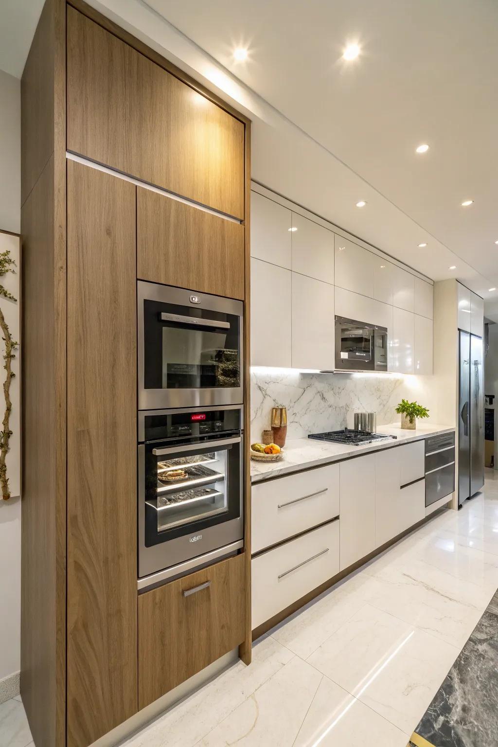 Integrated appliances create a streamlined and cohesive cooking area design.