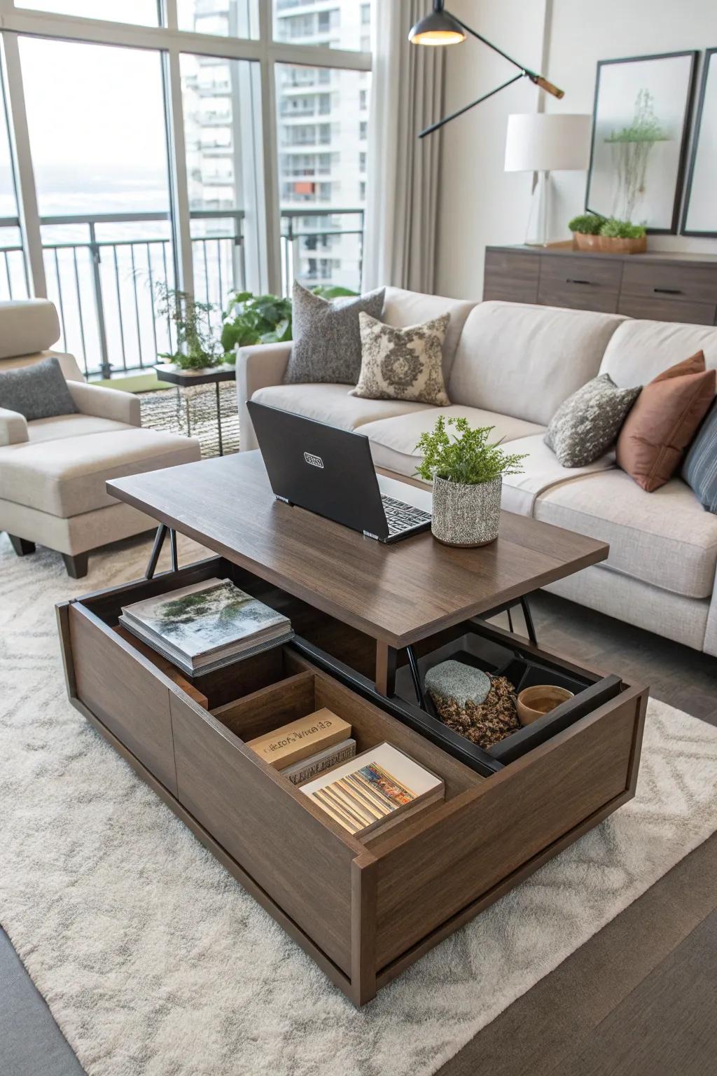 Concealed storage maintaining a clutter-free condo living space.