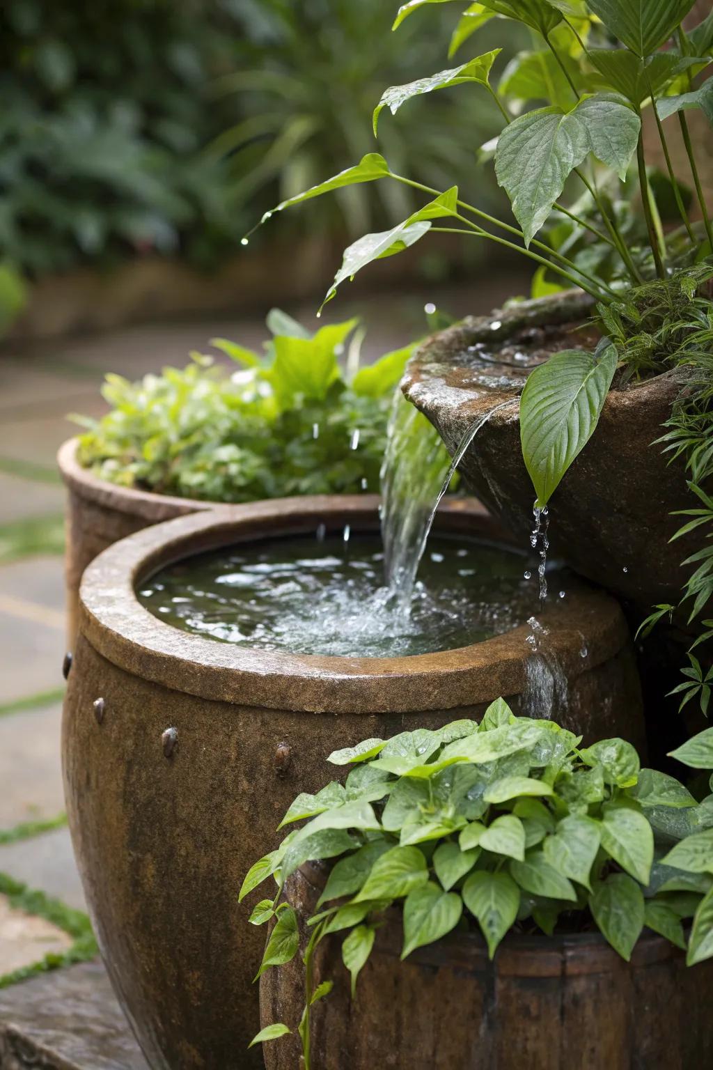 A water feature included in a container garden.