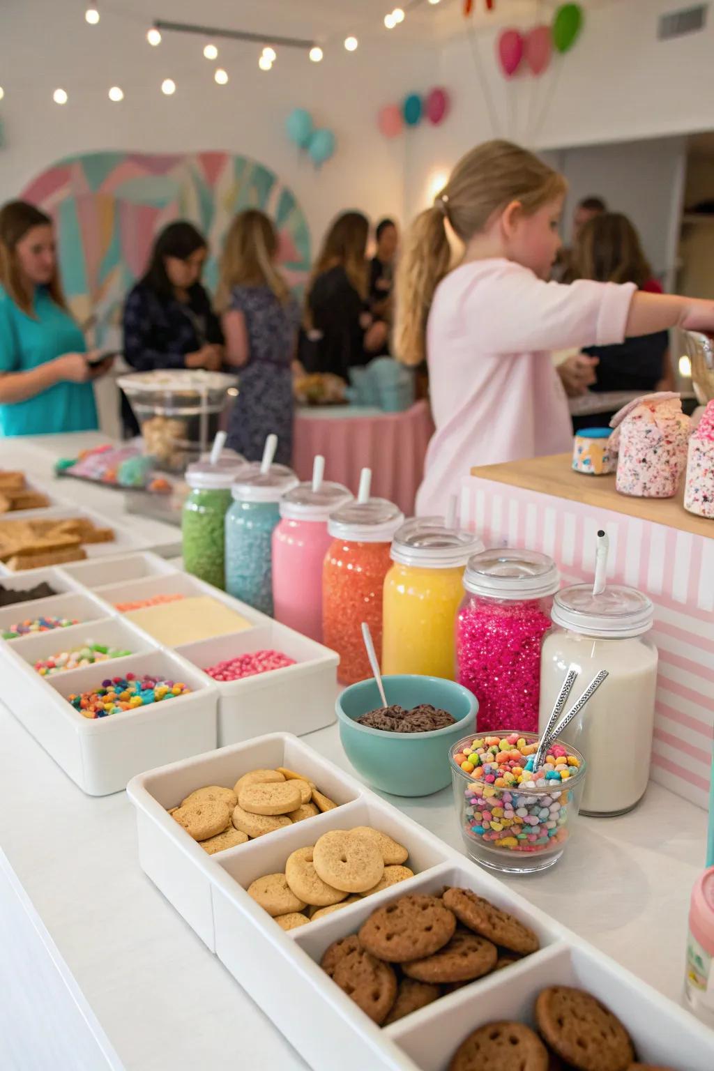 A toppings area invites guests to customize their cookies.