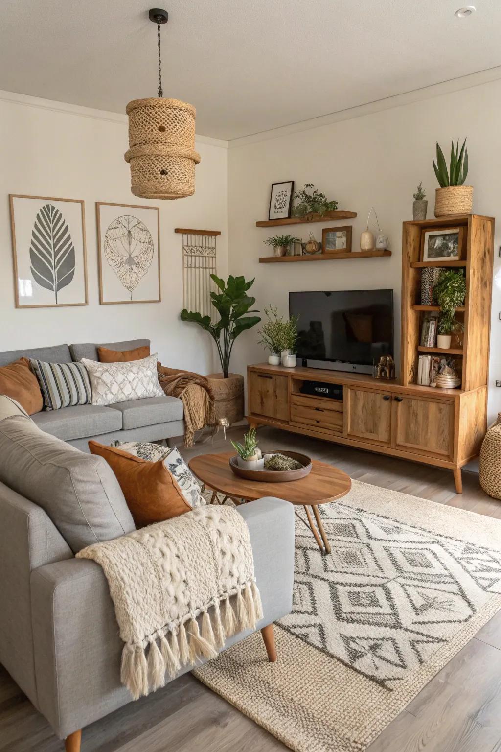 A singular living room is created by the blending of modern, traditional, and bohemian designs in perfect harmony.
