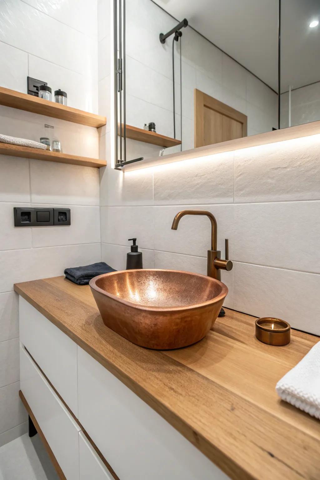 An undermount copper sink blends perfectly into the sleek design of this minimalist bathroom.