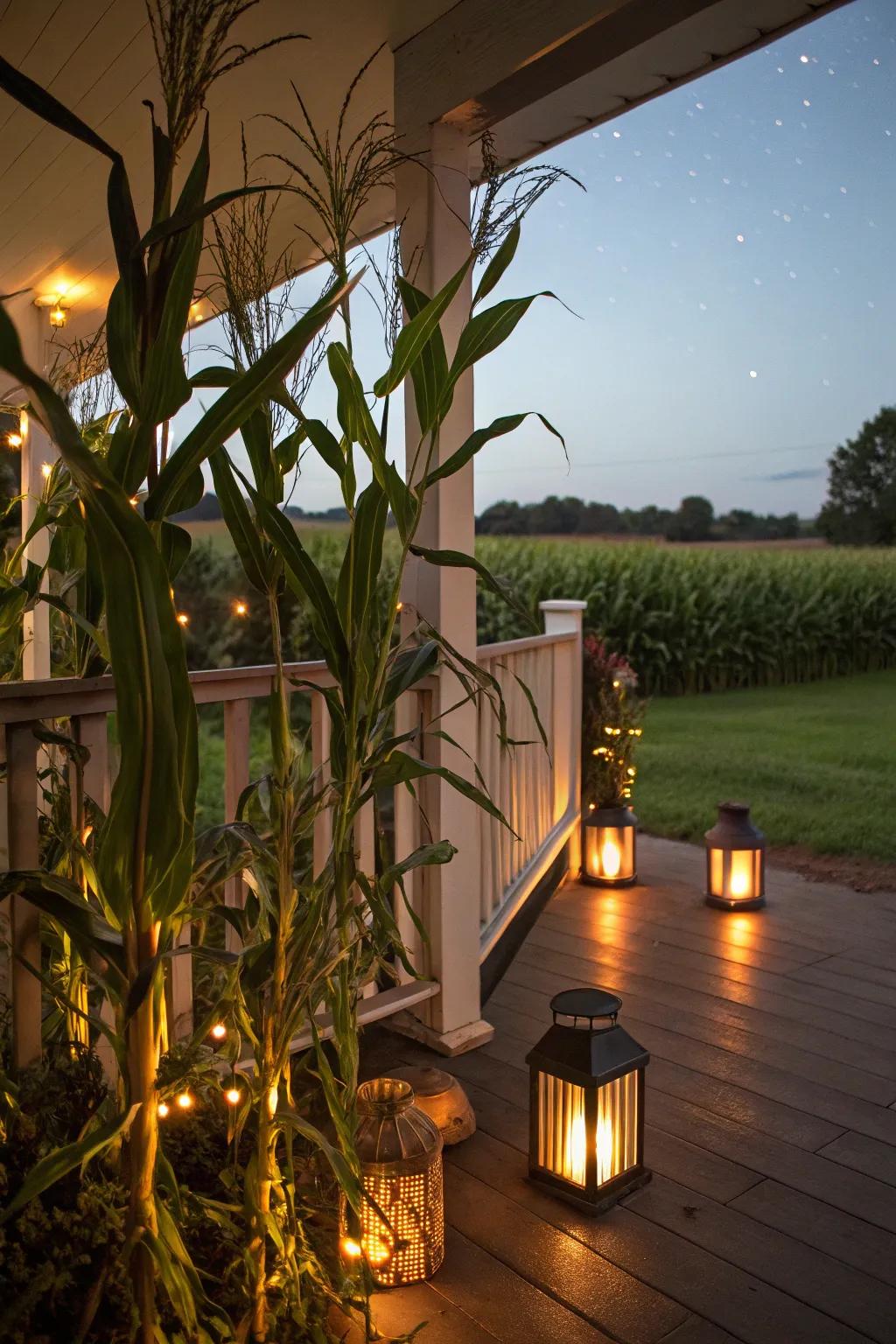 Concoct a cozy and inviting ambiance with corn stalks and flashlights.