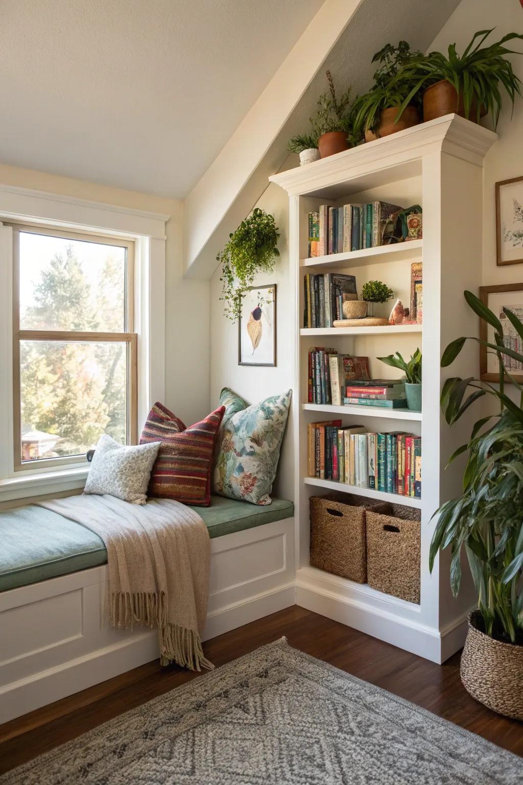 Bookshelves featuring seating deliver comfort and practicality.