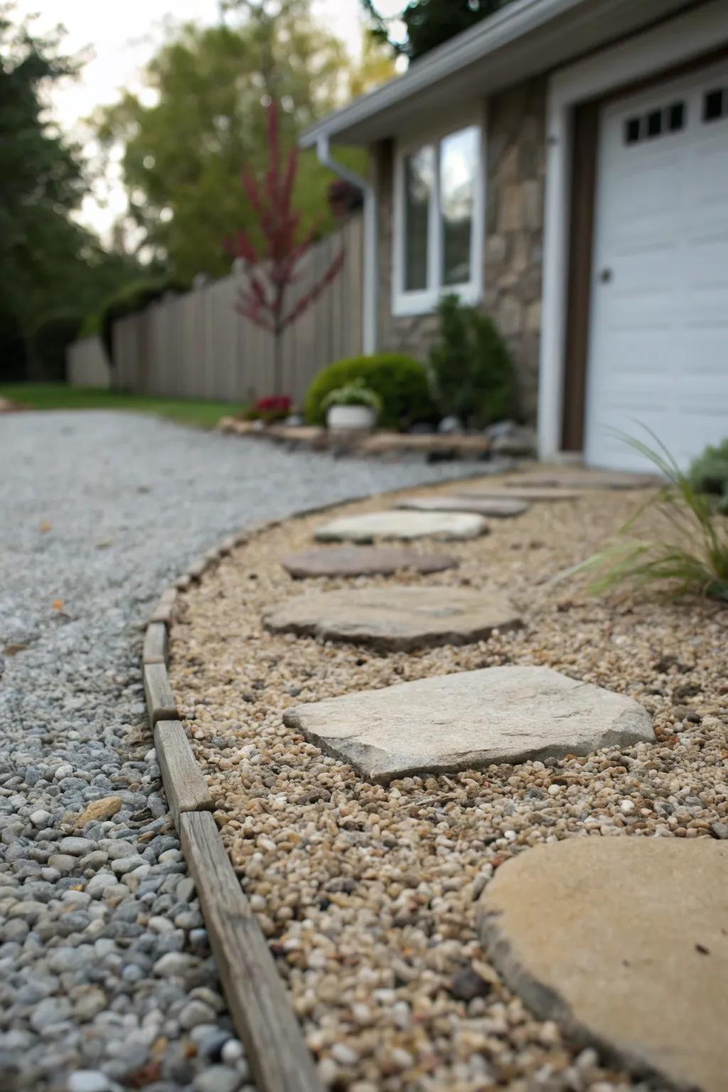 Gravel and stepping stones creating a rustic, permeable driveway.