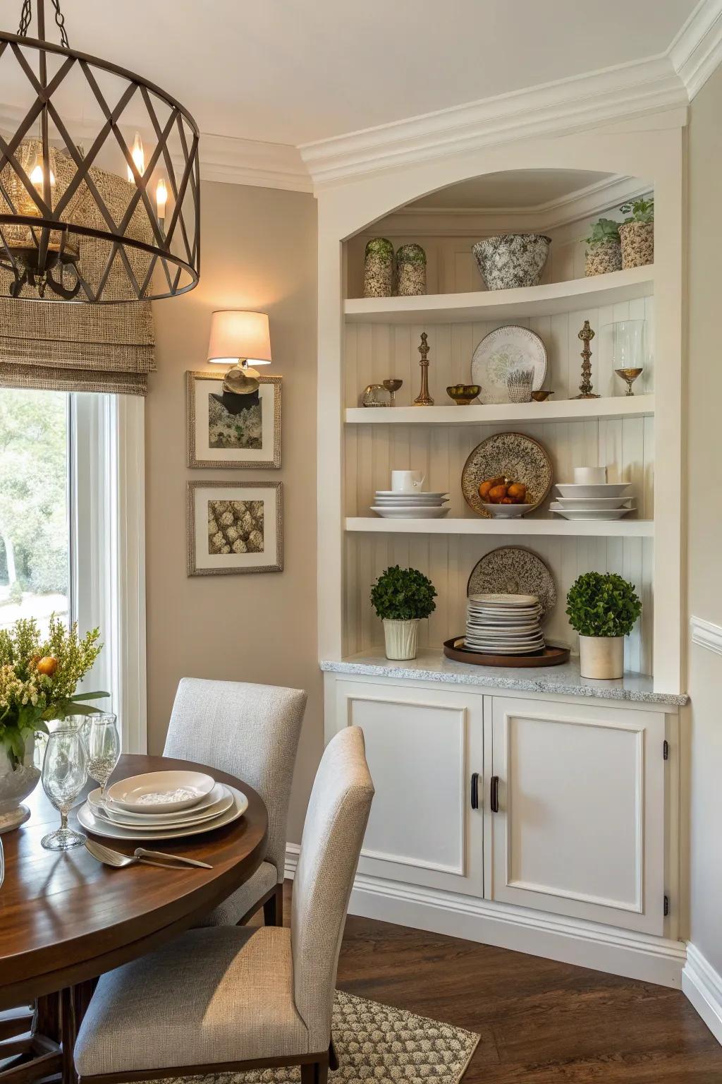 Symmetrical shelving provide balance and calm to your dining space.
