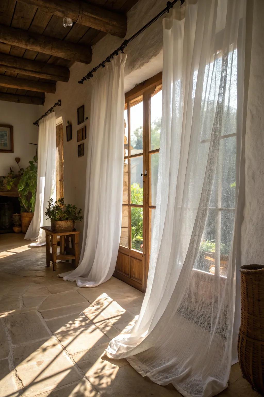 See-through curtains diffuse light beautifully and offer elegance.
