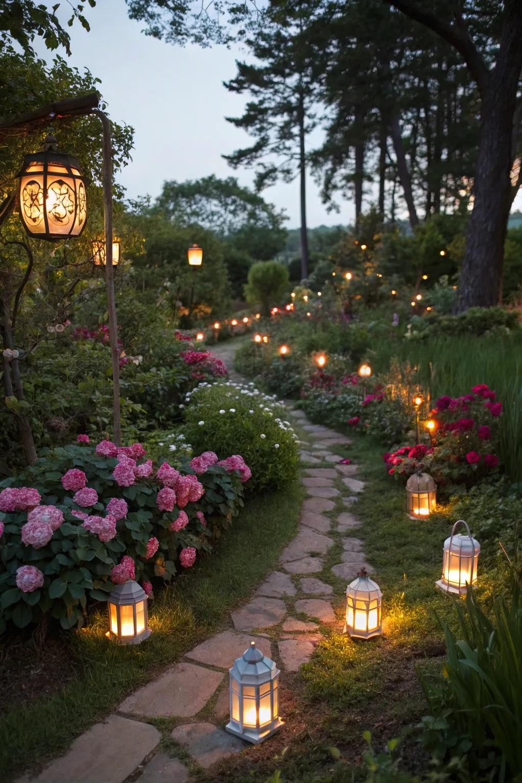 A garden with a fairytale touch from playful lanterns.