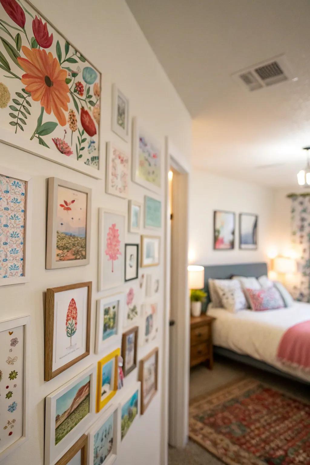 Artistic exhibits infuse character into the bedroom.