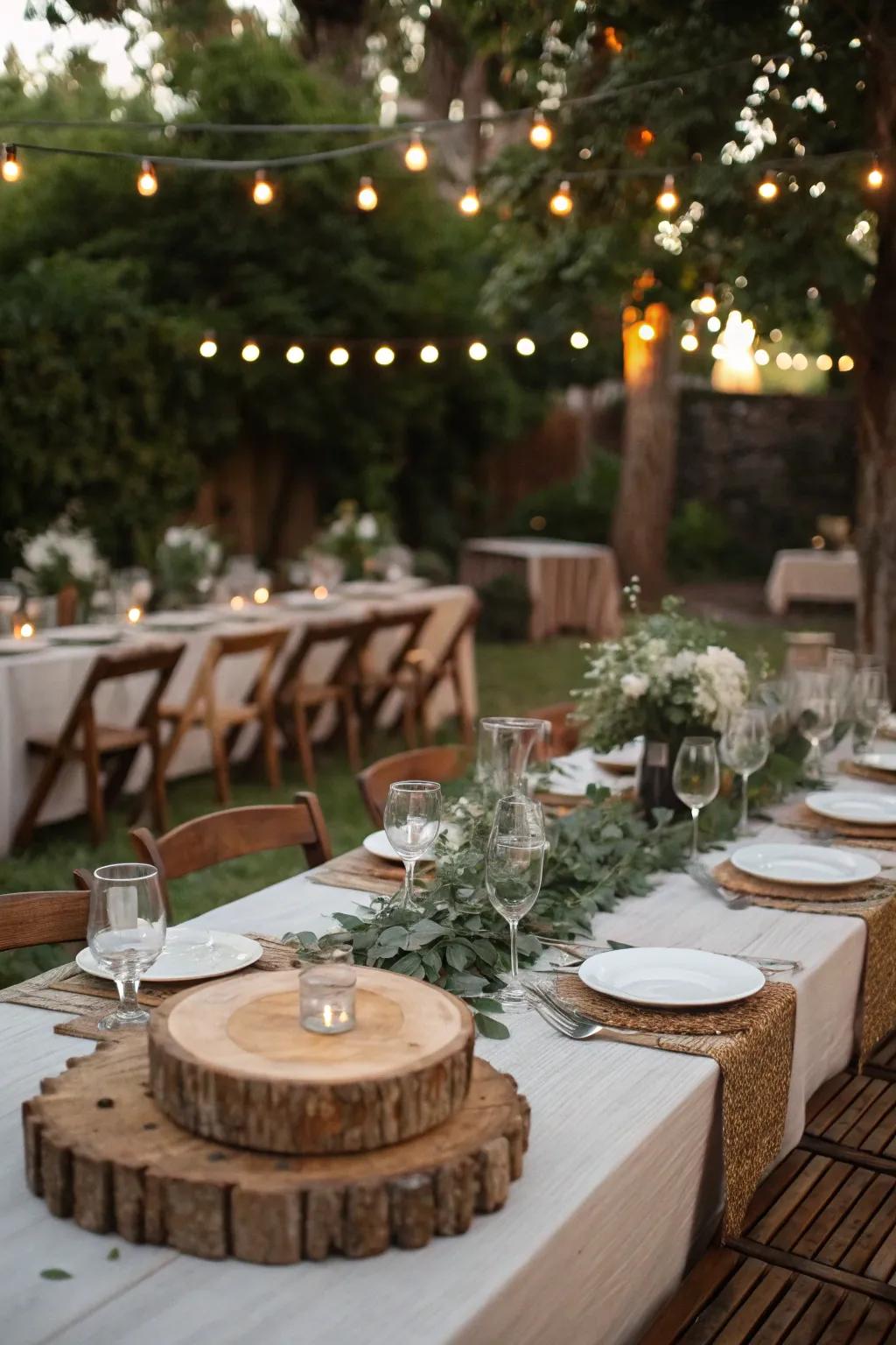 Countryside wedding tables showcasing timber decorations and unadorned glassware.