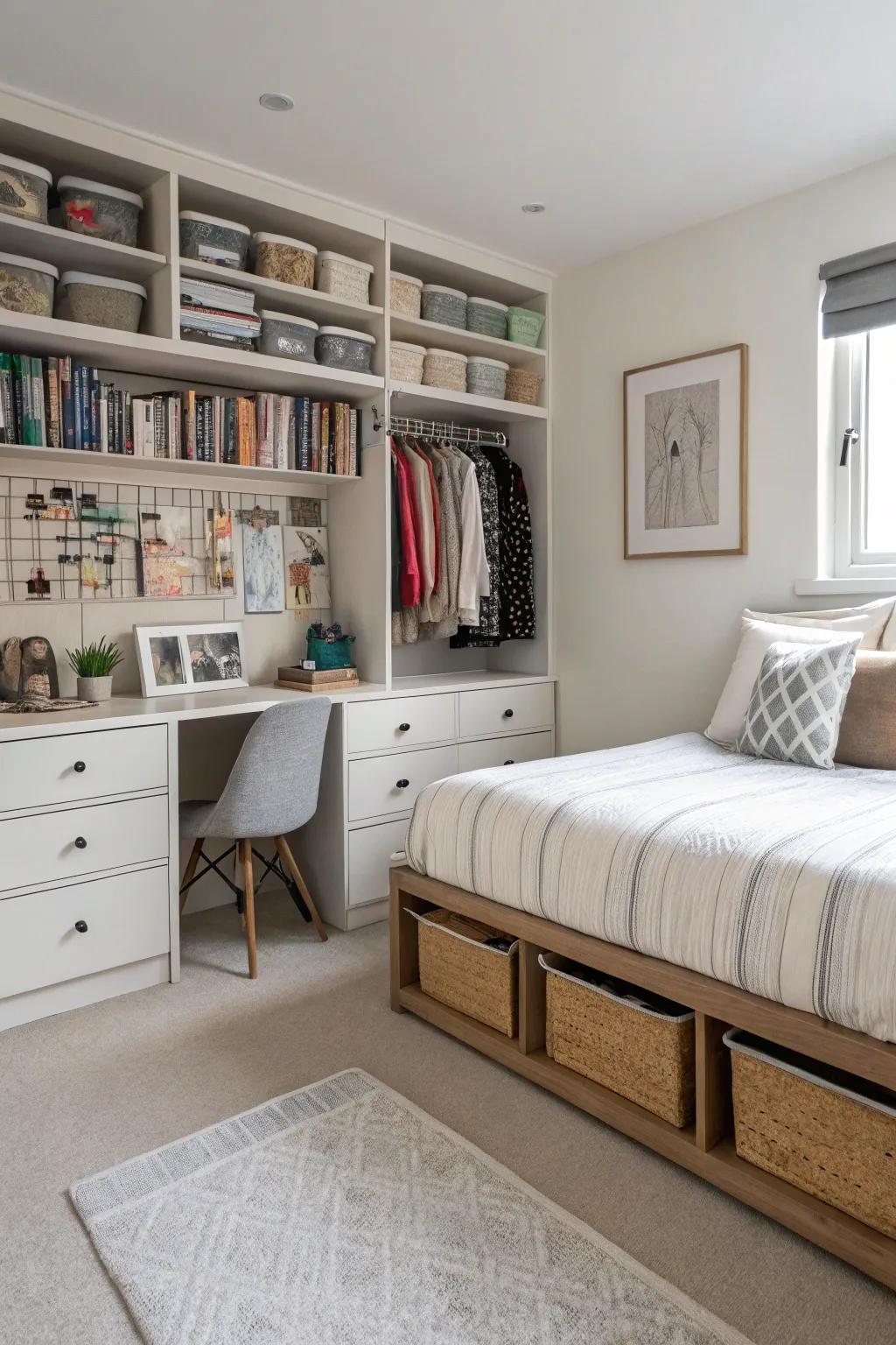 Savvy storage options maintain the master bedroom organized
