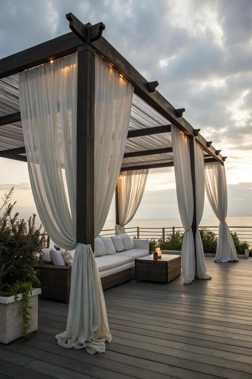 Drapes on a pergola create an adaptable, stylish outdoor room.