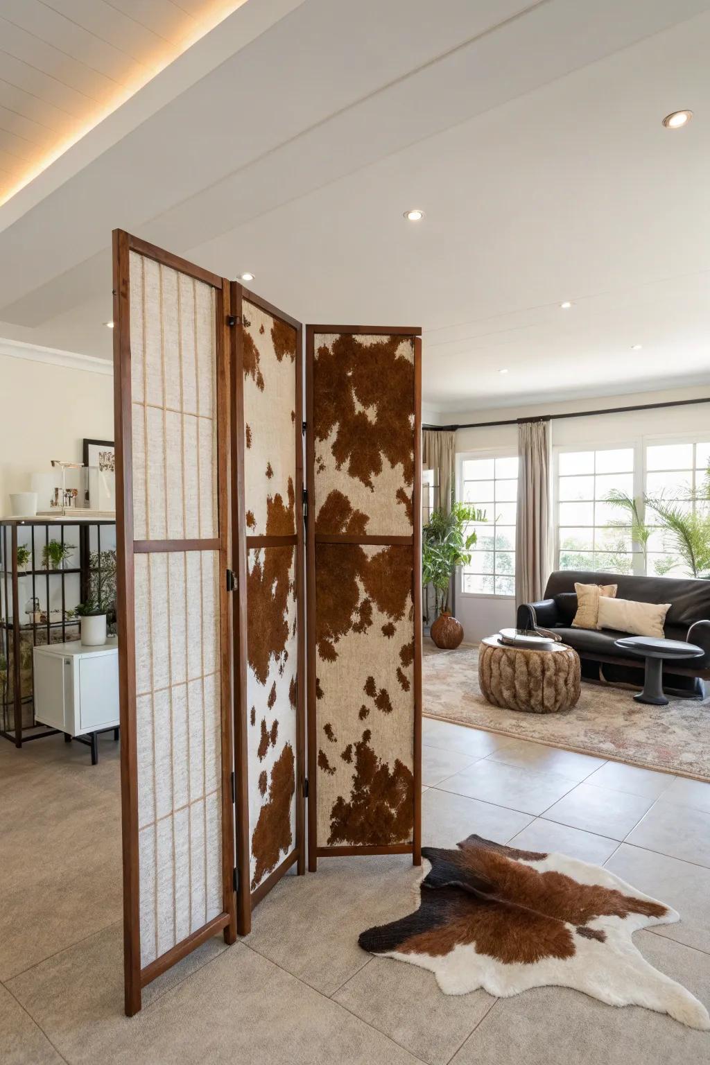 An animal hide rug used as a creative room divider in an open space.