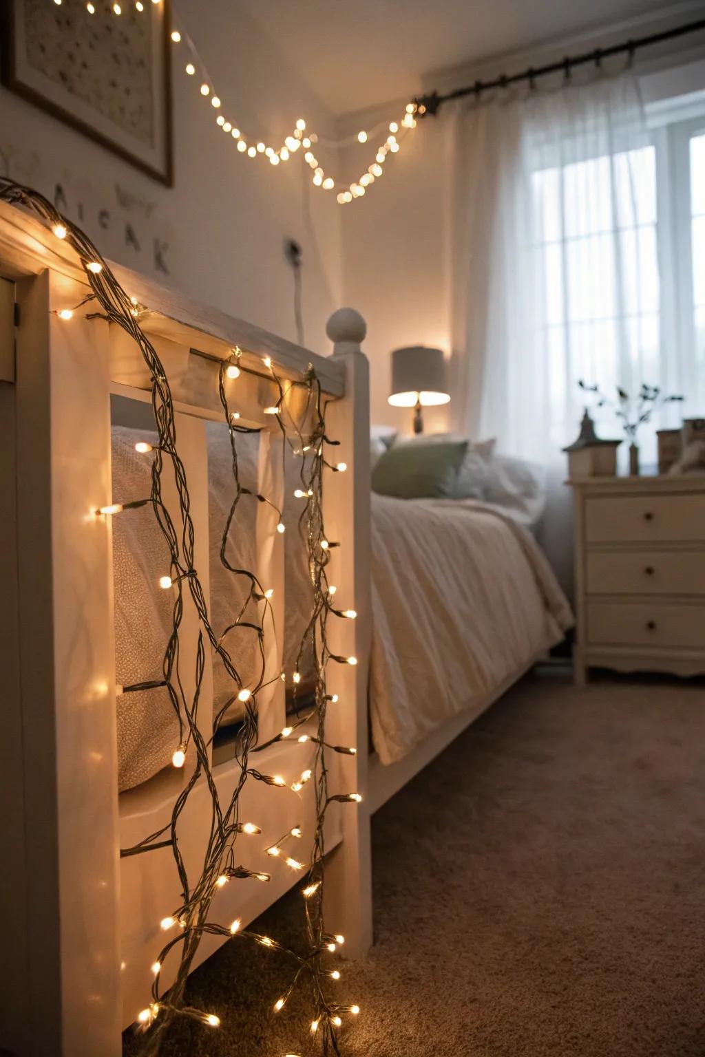 Twinkle lights wrapped around the base of a bed frame.
