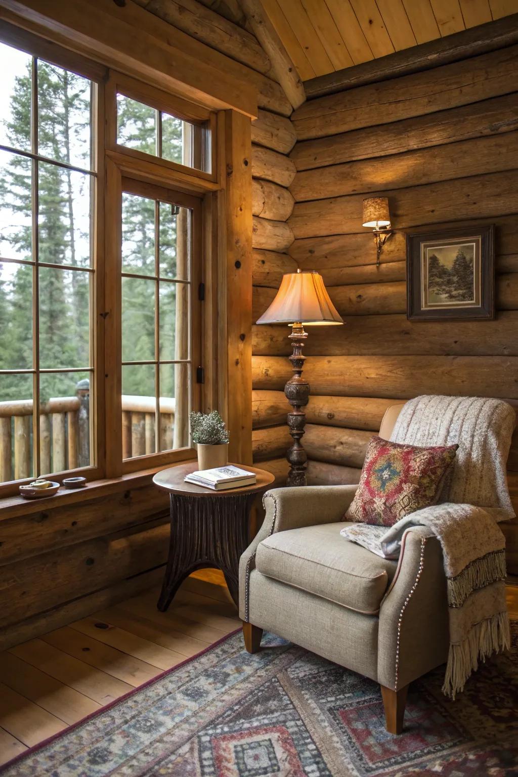 A cozy retreat perfect for reading or unwinding in a log cabin.