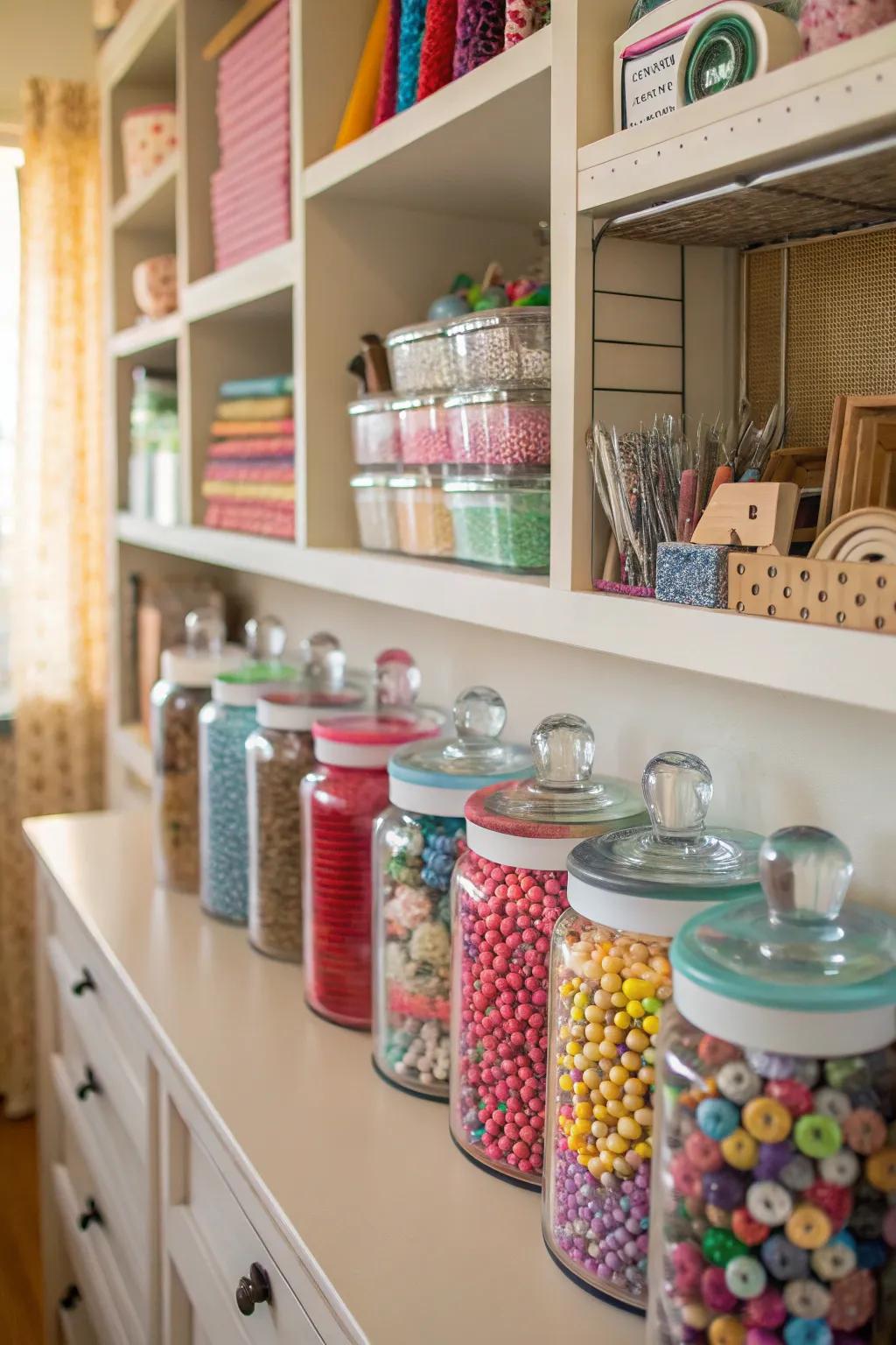 Jars maintain organization and accessibility of small items.