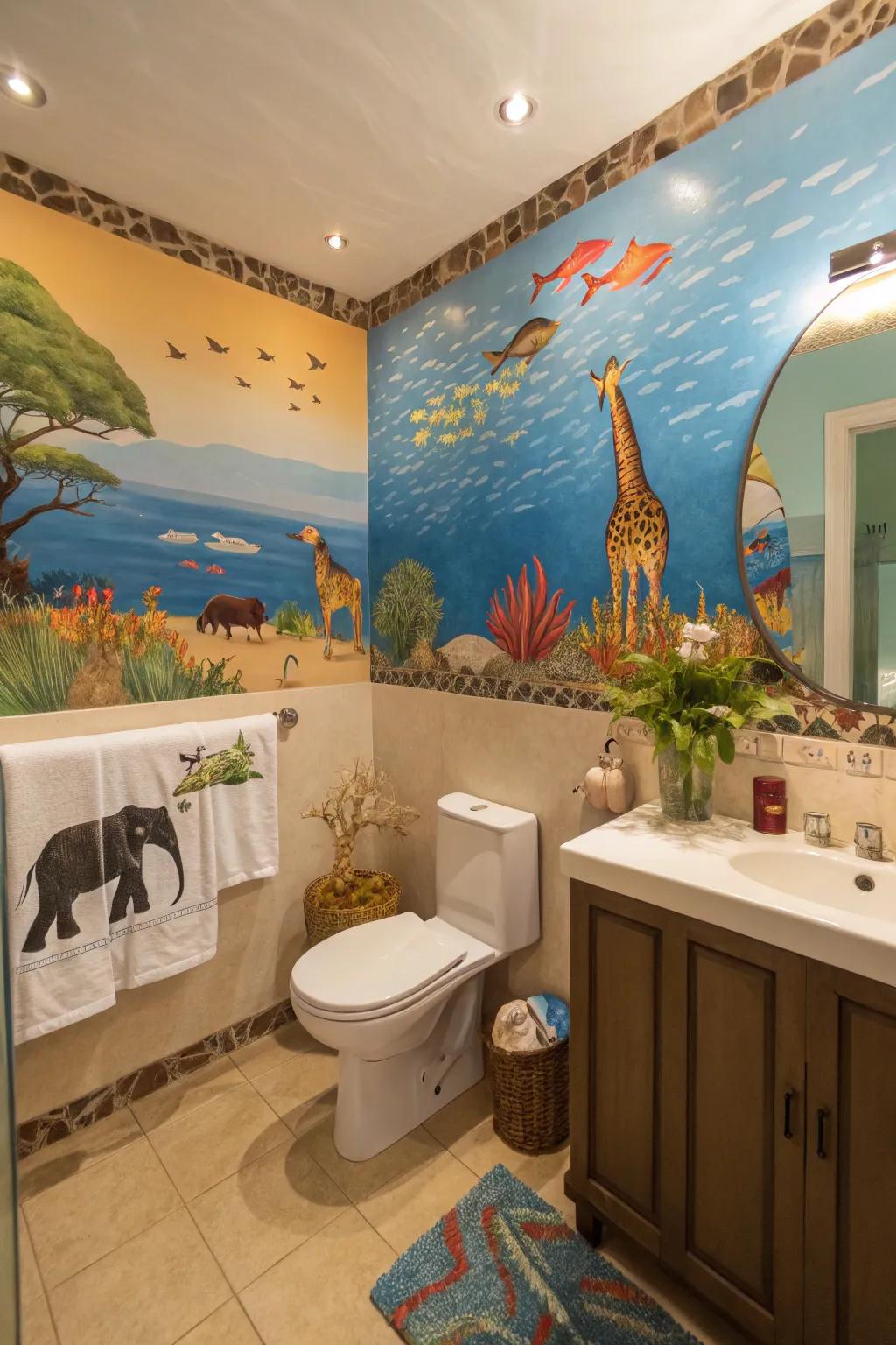 A bathroom transformed into an immersive underwater world.