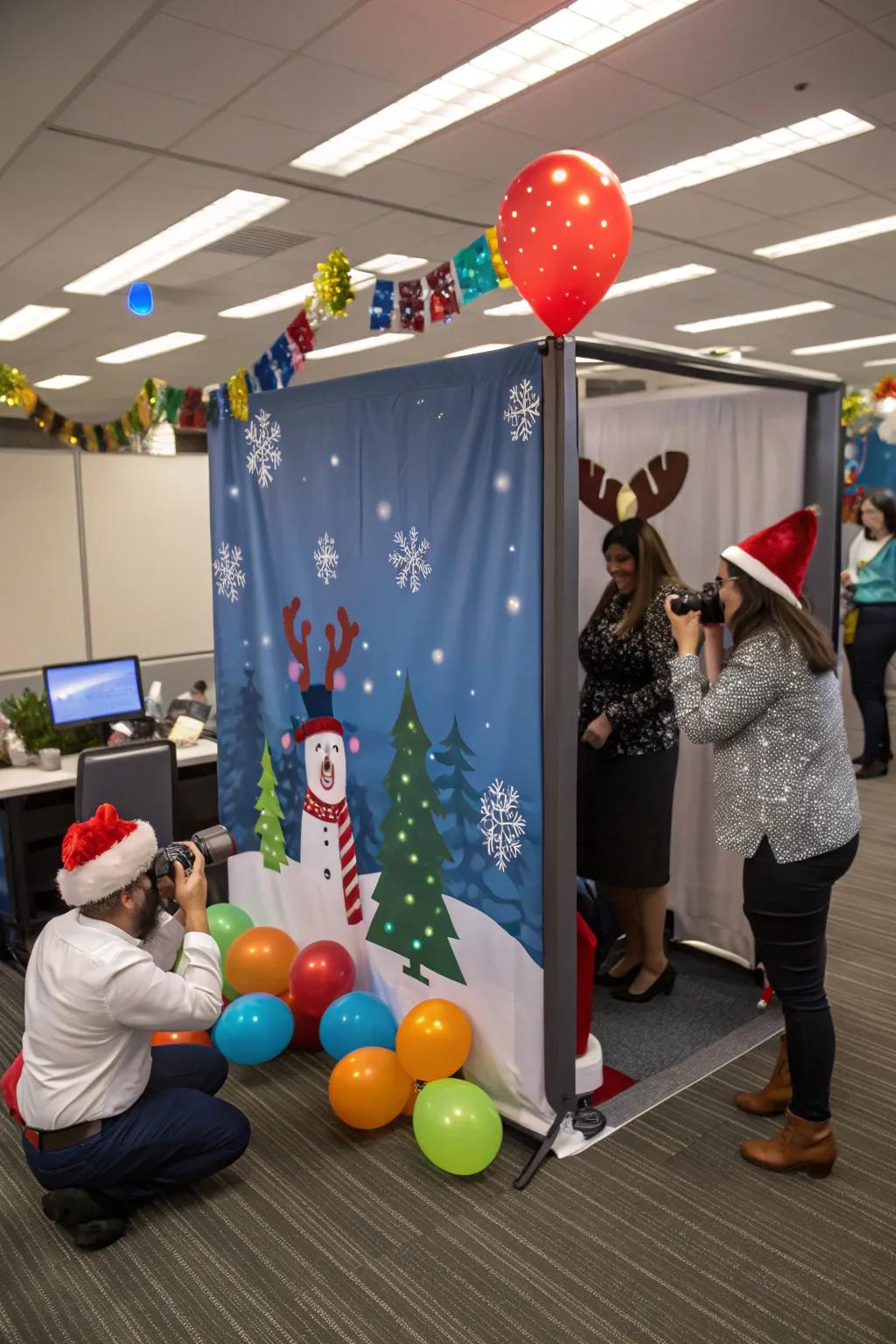 Capture festive moments with a holiday snapshot corner in the office.