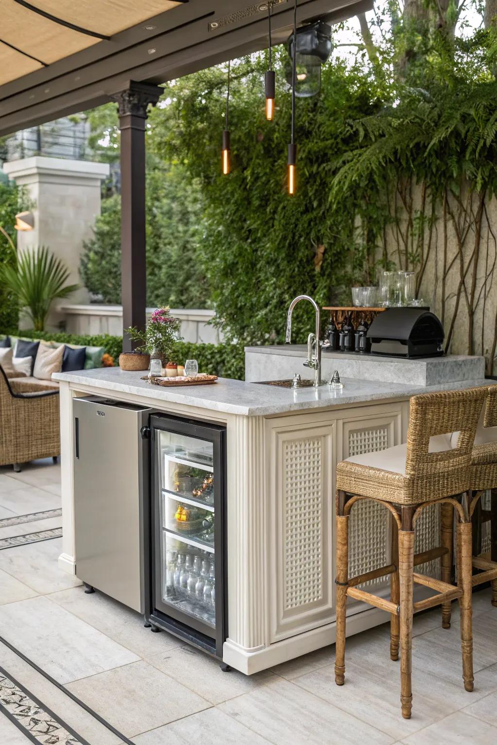 Functional attributes contribute ease to this refined outdoor bar.