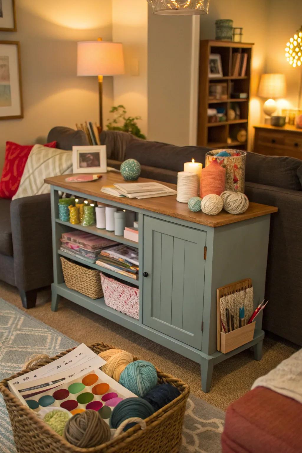 A DIY artisan's corner arrangement on a sideboard for artistic pursuits.