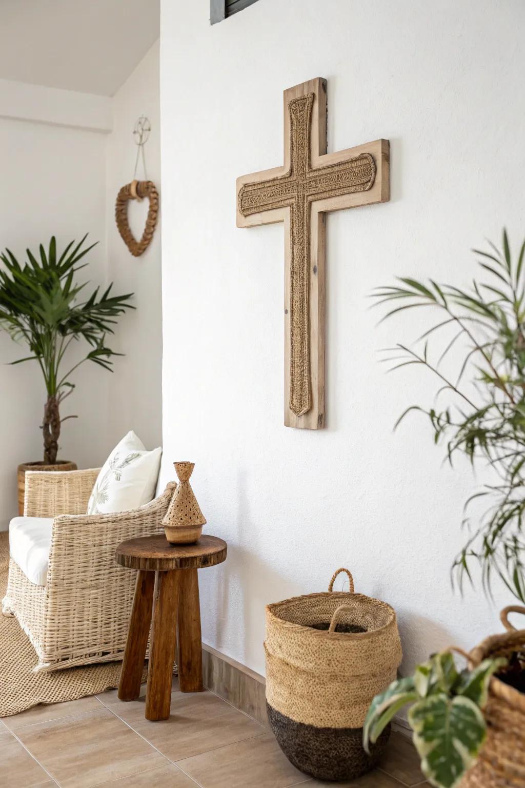 Pared-down cross wall aesthetic portrayed in terrestrial shades.